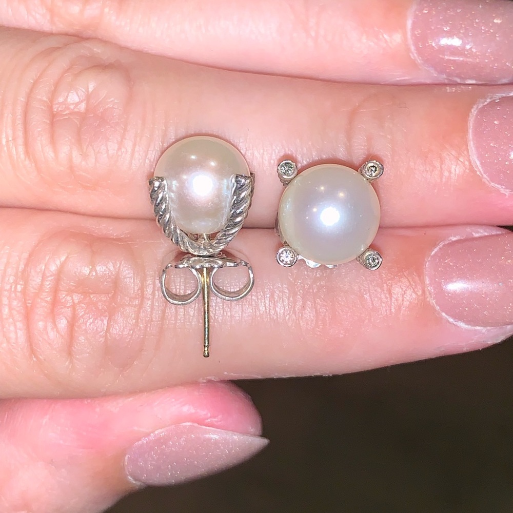 David Yurman 9mm Pearl & Cable Earrings w diamonds